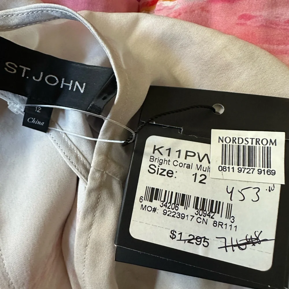 St. John 100% silk Gray Dress with Pink and Red Wave Print dress size 12 - Picture 7 of 9